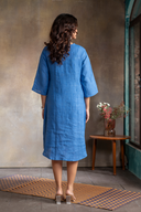 Ocean Blue Pure Linen Hand Embroidered Dress