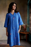 Ocean Blue Pure Linen Hand Embroidered Dress