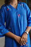 Ocean Blue Pure Linen Hand Embroidered Dress