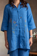 Ocean Blue Pure Linen Hand Embroidered Co-ord Set (set of 2)