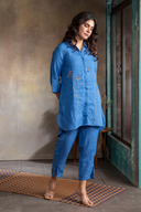 Ocean Blue Pure Linen Hand Embroidered Co-ord Set (set of 2)