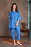 Ocean Blue Pure Linen Hand Embroidered Co-ord Set (set of 2)
