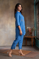Ocean Blue Pure Linen Hand Embroidered Co-ord Set (set of 2)