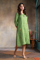 Leaf Green Pure Linen Hand Embroidered Dress