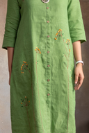 Leaf Green Pure Linen Hand Embroidered Dress