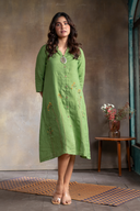 Leaf Green Pure Linen Hand Embroidered Dress