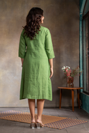 Leaf Green Pure Linen Hand Embroidered Dress