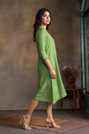 Leaf Green Pure Linen Hand Embroidered Dress