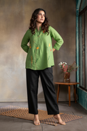 Leaf Green Pure Linen Hand Embroidered Top