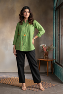 Leaf Green Pure Linen Hand Embroidered Top