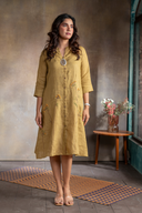 Mustard Brown Pure Linen Hand Embroidered Dress