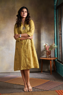 Mustard Brown Pure Linen Hand Embroidered Dress