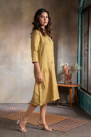 Mustard Brown Pure Linen Hand Embroidered Dress