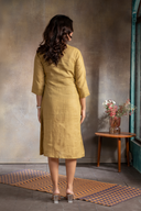 Mustard Brown Pure Linen Hand Embroidered Dress