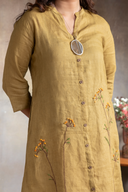 Mustard Brown Pure Linen Hand Embroidered Dress