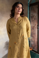 Mustard Brown Pure Linen Hand Embroidered Dress