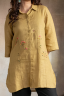 Mustard Brown Pure Linen Hand Embroidered Top