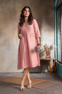 Rose Pink Pure Linen Hand Embroidered Dress