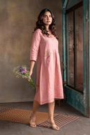 Rose Pink Pure Linen Hand Embroidered Dress