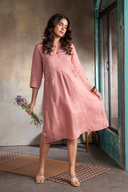Rose Pink Pure Linen Hand Embroidered Dress