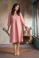 Rose Pink Pure Linen Hand Embroidered Dress