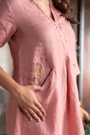 Rose Pink Pure Linen Hand Embroidered Dress