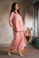 Rose Pink Pure Linen Hand Embroidered Co-ord Set (set of 2)