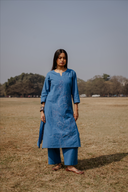 Blue Hand Embroidered Cotton Three Panel Kurta Set (set of 2)