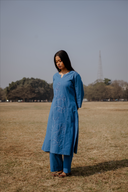 Blue Hand Embroidered Cotton Three Panel Kurta Set (set of 2)