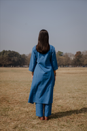 Blue Hand Embroidered Cotton Three Panel Kurta