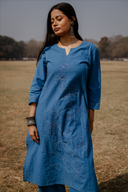 Blue Hand Embroidered Cotton Three Panel Kurta