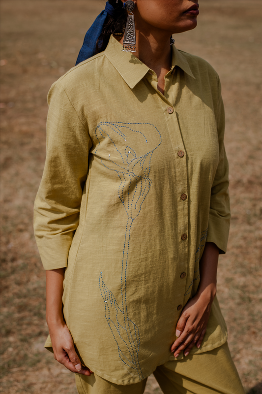 Yellow Hand Embroidered Cotton Co-ord Set (set of 2)