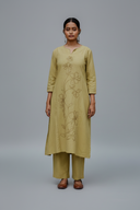 Yellow Hand Embroidered Cotton Three Panel Kurta