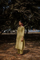 Yellow Hand Embroidered Cotton Three Panel Kurta Set (set of 2)