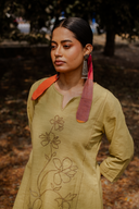 Yellow Hand Embroidered Cotton Three Panel Kurta