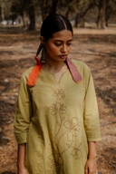 Yellow Hand Embroidered Cotton Three Panel Kurta
