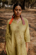 Yellow Hand Embroidered Cotton Three Panel Kurta