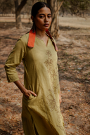 Yellow Hand Embroidered Cotton Three Panel Kurta Set (set of 2)