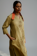 Yellow Hand Embroidered Cotton Three Panel Kurta