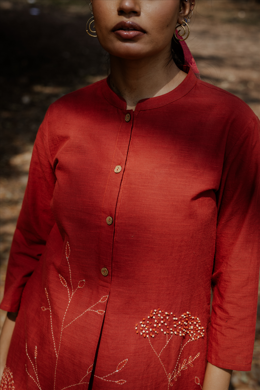 Rust Red Hand Embroidered Cotton Kurta Set (set of 2)
