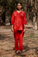 Rust Red Hand Embroidered Cotton Pleated Co-ord Set (set of 2)