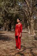 Rust Red Hand Embroidered Cotton Pleated Co-ord Set (set of 2)