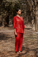 Rust Red Hand Embroidered Cotton Pleated Co-ord Set (set of 2)