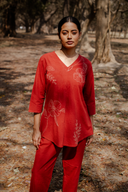 Rust Red Hand Embroidered Cotton Pleated Co-ord Set (set of 2)