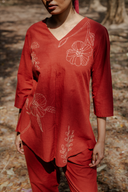 Rust Red Hand Embroidered Cotton Pleated Co-ord Set (set of 2)