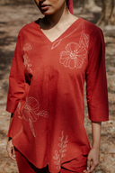 Rust Red Hand Embroidered Cotton Pleated Top