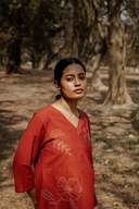 Rust Red Hand Embroidered Cotton Pleated Top