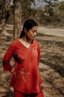 Rust Red Hand Embroidered Cotton Pleated Top