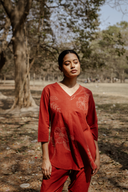 Rust Red Hand Embroidered Cotton Pleated Co-ord Set (set of 2)