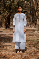 Blue Striped Hand Embroidered Cotton Three Panel Kurta Set (set of 2)